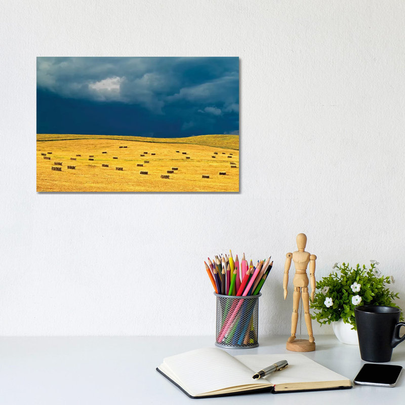Canada, Manitoba, Holland. Square Bales In Field And Storm Clouds. by Jaynes Gallery - Wrapped Canvas Painting