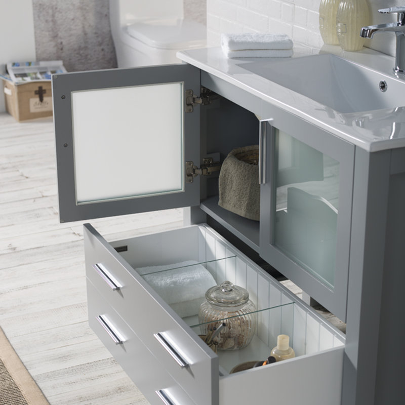 Mance 36 Inch Single Bathroom Vanity with Ceramic Sink Top, Storage Drawers, Soft-Close Doors & Mirror – Modern Bathroom Cabinet for Small & Large Bathrooms