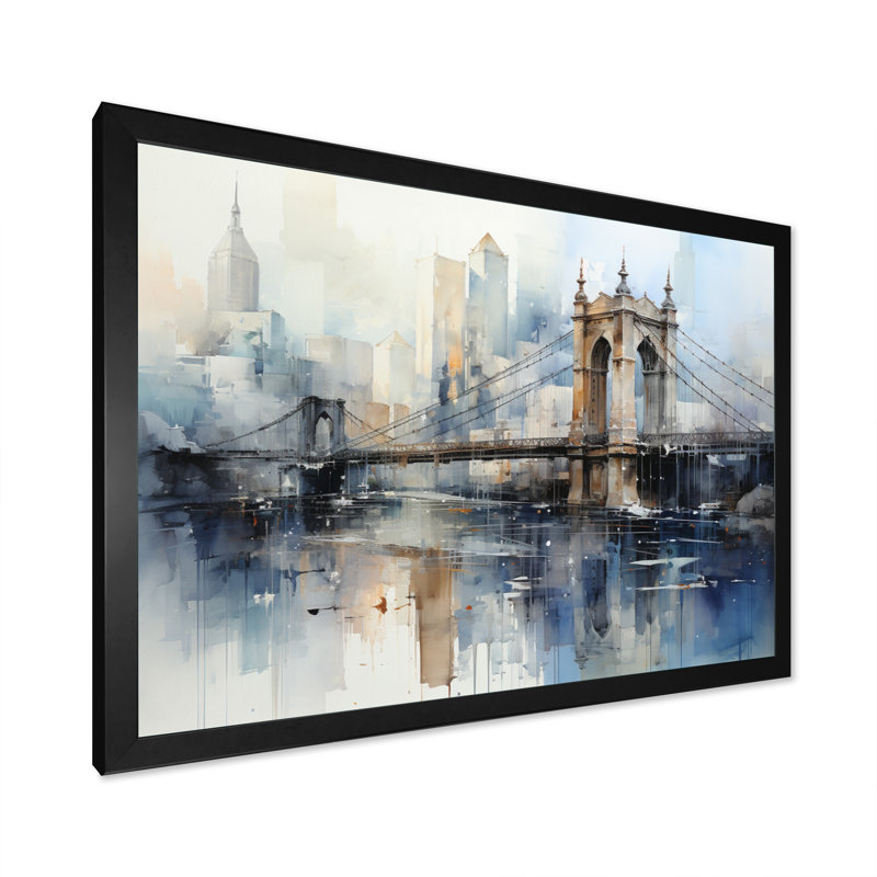 Egisto Blue Bridge Reflection Connections - Imprimé, Cadre simple noir, H 34 po x l 44 po x P 1,5 po