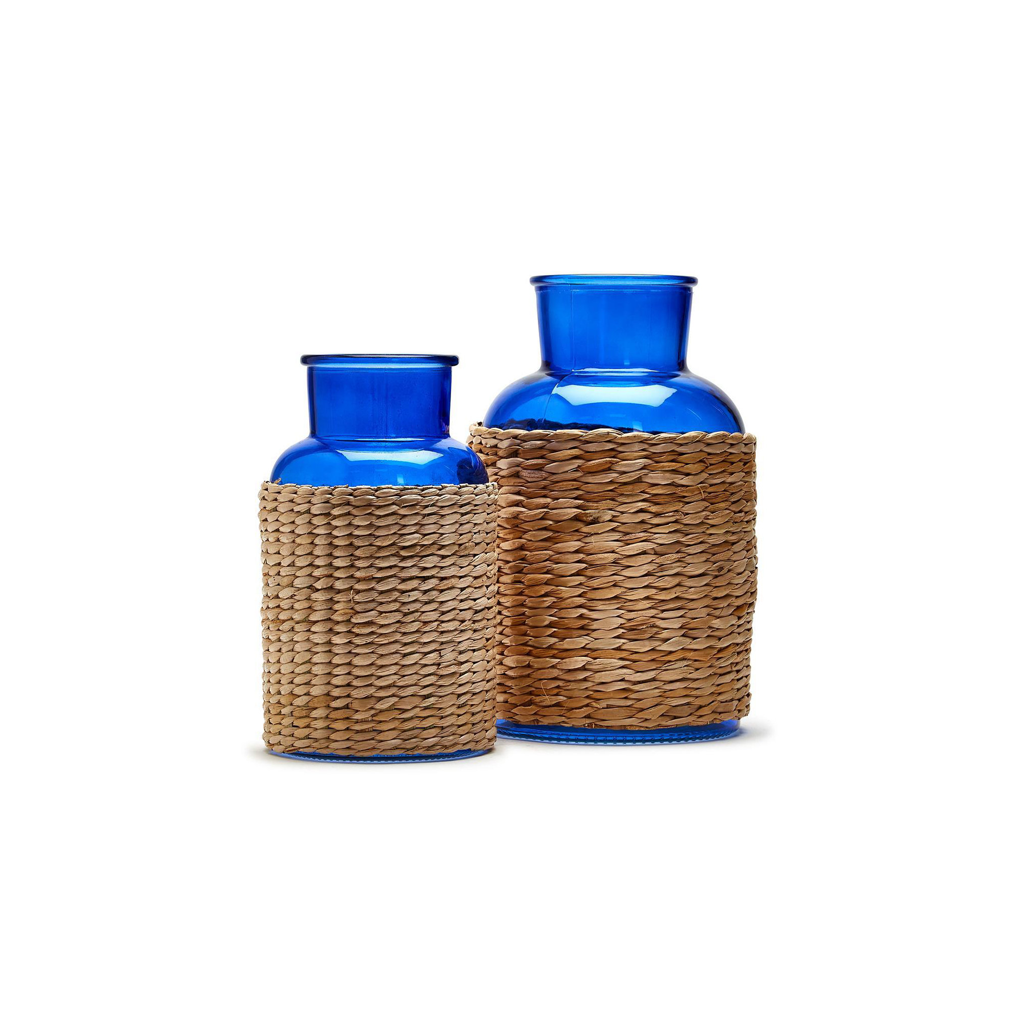 Set Of 2 Blue Glass Candle Holder / Vase With Rattan Wrap