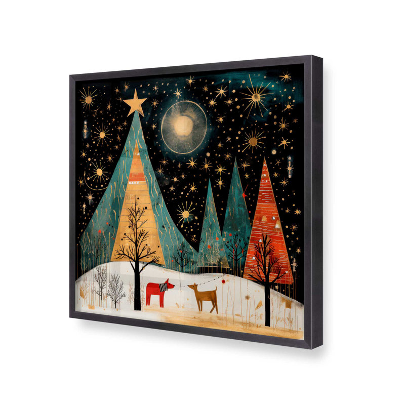 Nuit étoilée, arbres de Noël I print, H 13,75 po x l 13,75 po, Cadre simple en zinc patiné, bois massif