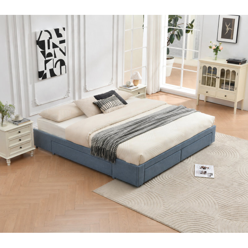 4 Drawer Upholstered  Platform Storage Bed, King, Blue