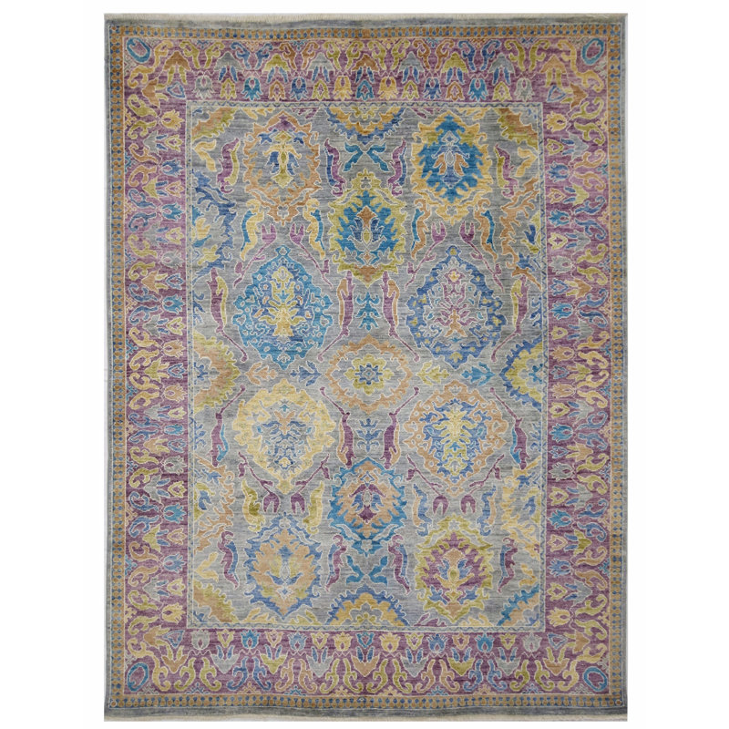Hand Knotted Wool Area Rug in Gray And Purple