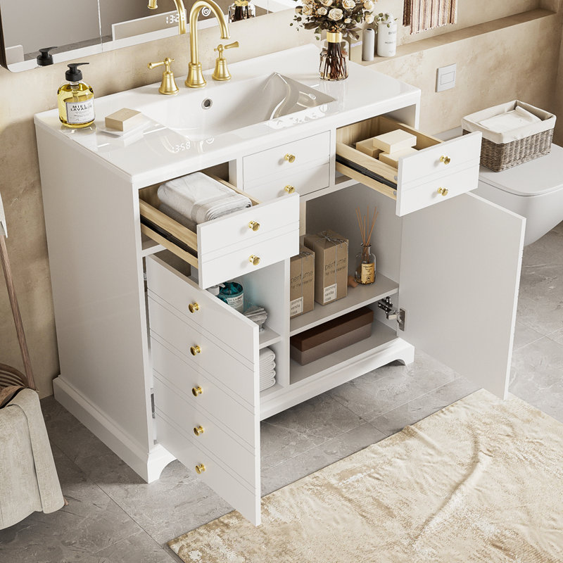 Ensemble de meuble-lavabo autoportant avec 2 tiroirs en céramique