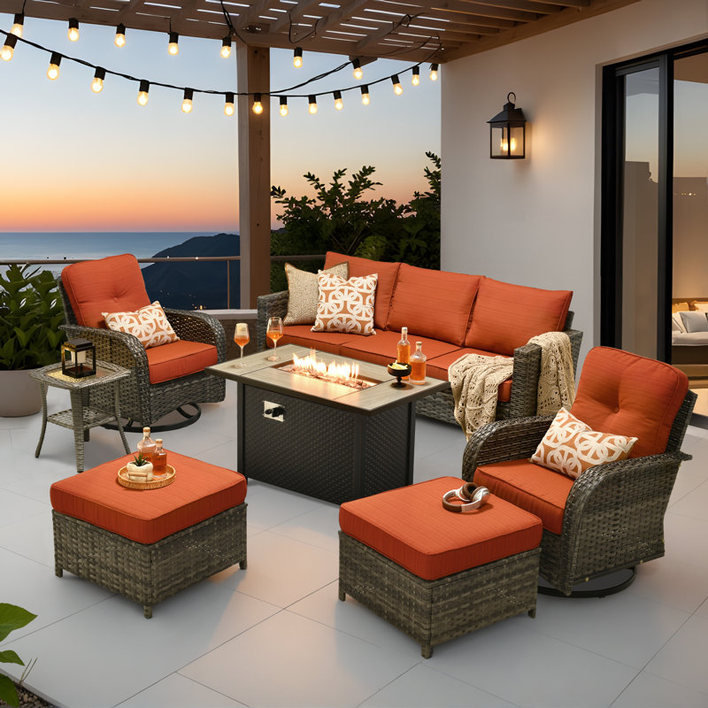 Allcot Wicker 5-Person Sofa Seating Group with Cushions, Orange