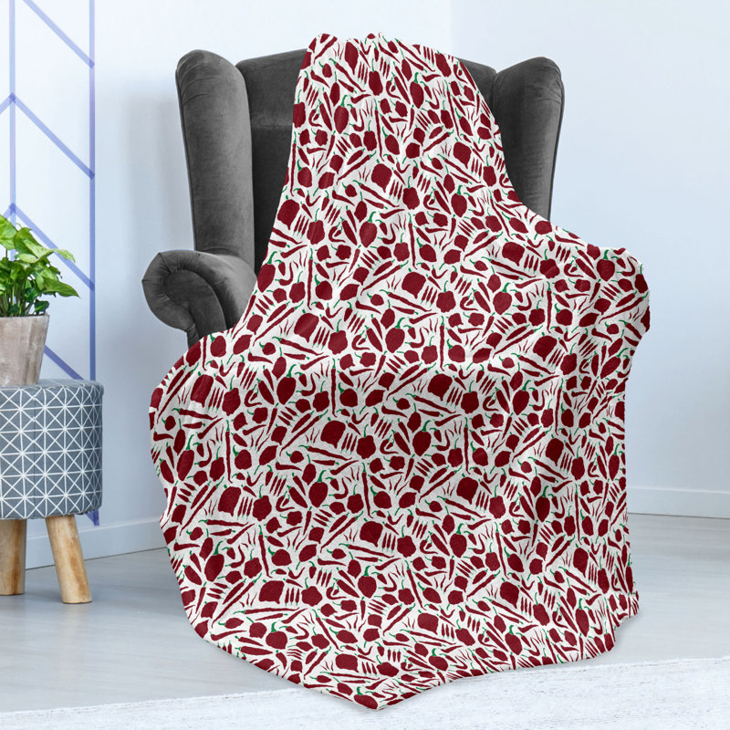 Ambesonne Peppers Fleece Throw Blanket Chilli Pattern Simple Art Green Ruby, 50" W x 60" L