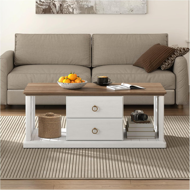 Coffee Table With Storage And Drawers,Rustic Rectangular Centre Table With Solid Wood Legs And Open Shelves,For Living Room,Office,Antique White