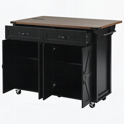 53.5''Farmhouse Kitchen Island With Power Outlet, Kitchen Storage Island With Drop Leaf, Spice Rack And Drawer