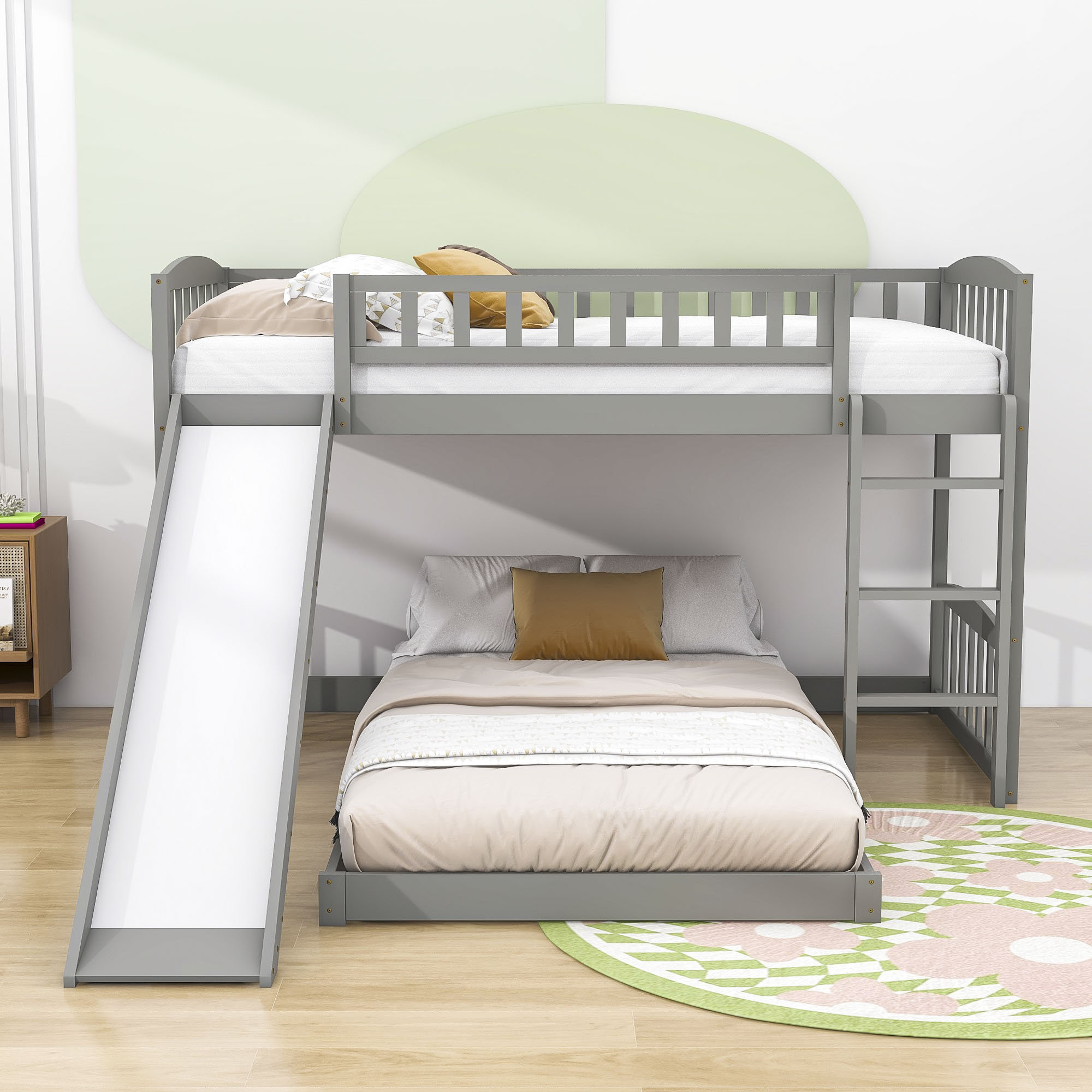 Harriet Bee Evelene Twin Over Twin L-Shaped Bunk Beds with Slide | Wayfair