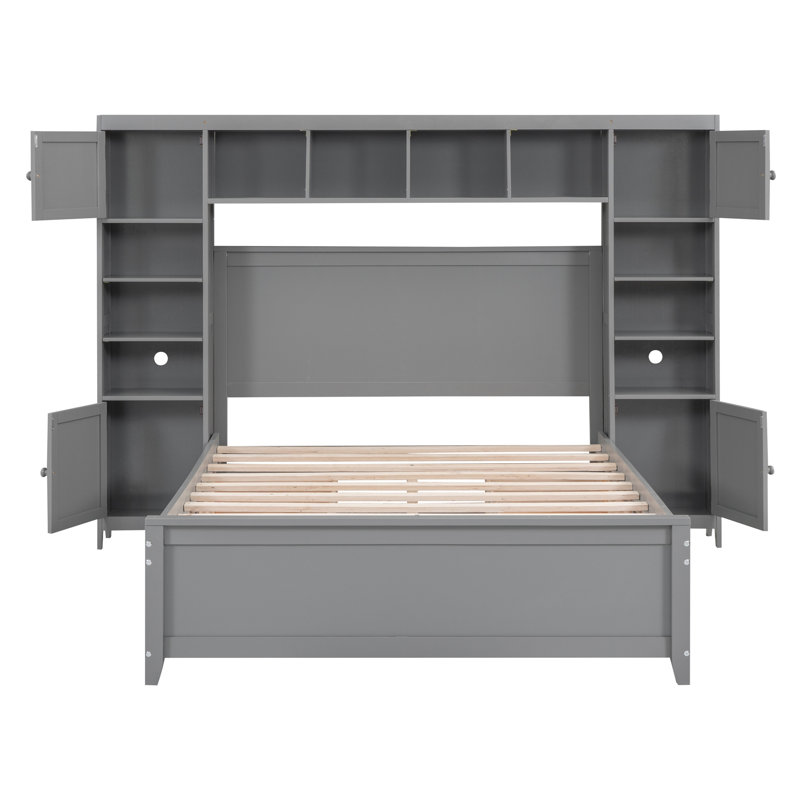 Lit double en bois avec armoire et tablette tout-en-un, gris