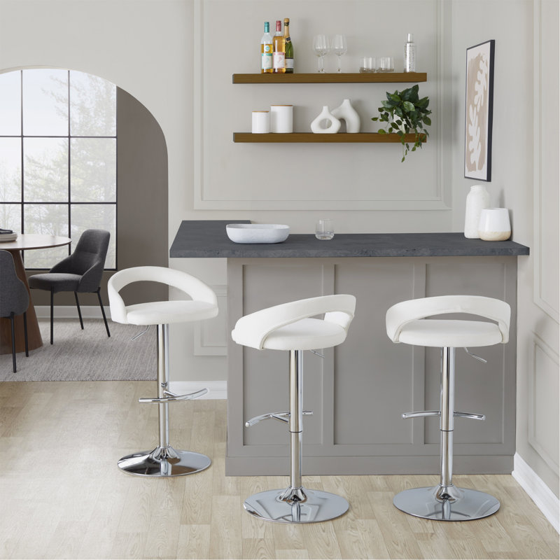Tabouret de bar réglable en métal chromé et velours blanc avec repose-pieds arrondi en T - ensemble de 2, Chrome chrome