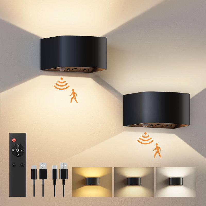 Motion Sensor Wall Light With Remote Control 3 Colors Wireless Wall Lamps Brightness Adjustable, Black 2 Pack