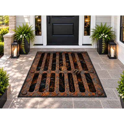 Tapis d'extérieur 152 x 213 cm, motif d'Halloween : masque effrayant, corbeau et grille de prison. Tapis bouclé imperméable en PVC, séchage rapide et résistant, idéal pour porche, terrasse, balcon ou entrée.