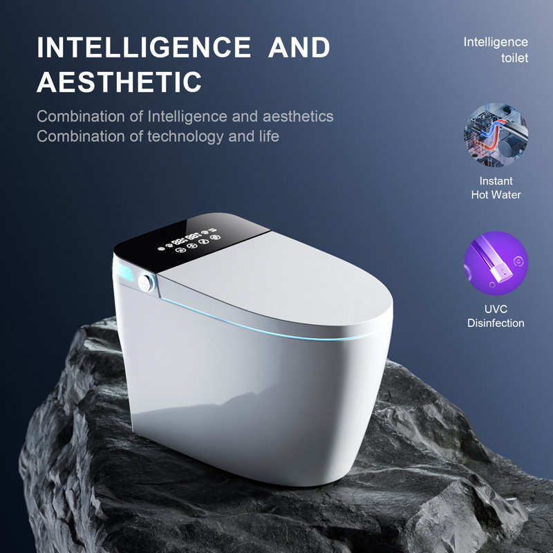 Bothwa Home 18.11"H Smart Toilet, Uvc Light, Heated Seat, Wireless Remote Control, Air Dryer, Auto-Flush, Multifunctional, Floor Mounted Toilet, Glossy White