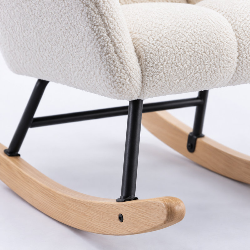 Fauteuil à bascule ergonomique Comfy Teddy en tissu doux avec poche de rangement latérale, idéal pour l'allaitement, avec base en bois massif. Fauteuil d'appoint polyvalent pour le salon et la chambre d'enfant. Blanc.
