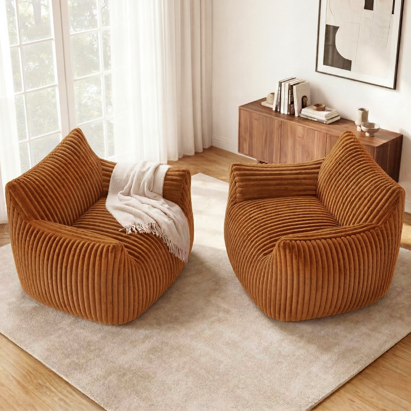 Ensemble de 2 fauteuils à billes surdimensionnés en mousse de velours côtelé 46 po, Orange