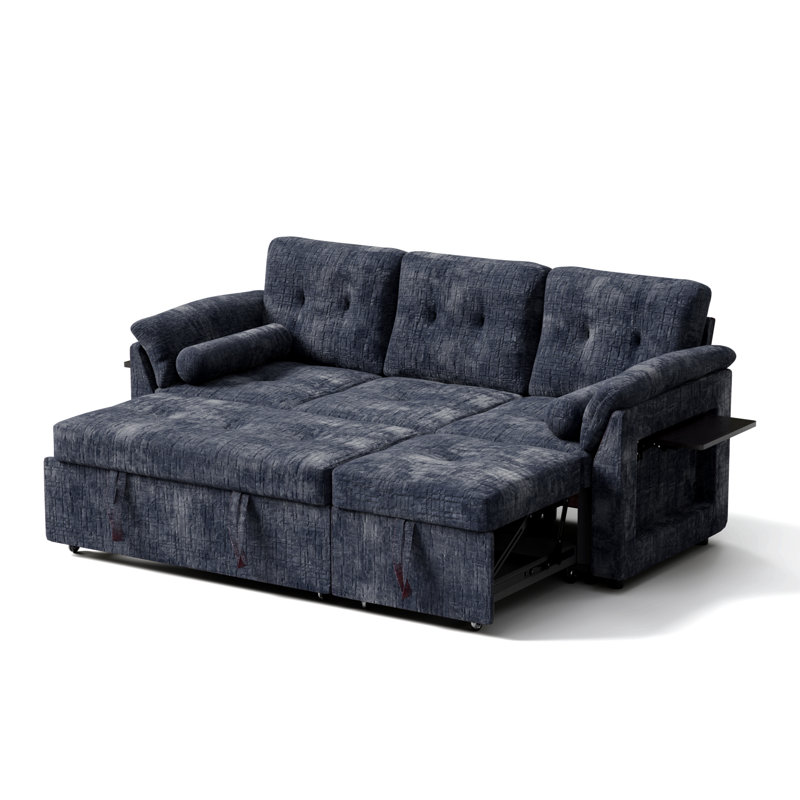 Modern Pull-Out Sofa Bed With Hidden Storage & Built-In Side Table, Convertible Sleeper Couch With Tufted Cushions, Blue