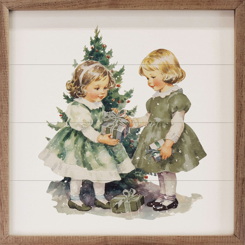 Vintage Girls Christmas With Large Tree