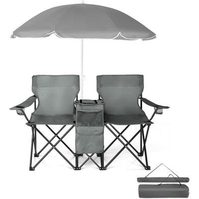 Double chaise de camping pliante avec porte-boisson pour parasol, sac de transport, table pliante, grande capacité de support pour la plage, le patio, la piscine, le parc, l'extérieur, rouge