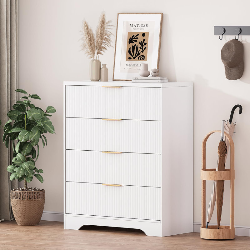 Fluted 4 Drawer Dresser for Bedroom, 38.6" Tall Modern Chest with Gold Handles Wood Storage Cabinet, White