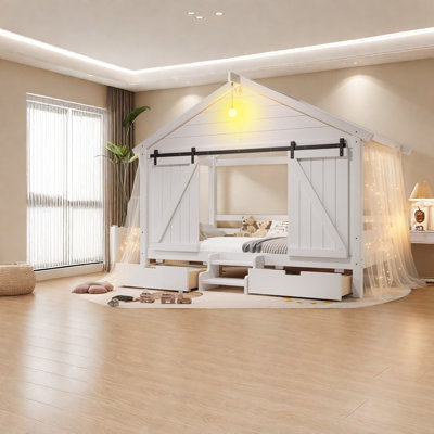Lits avec rangement, lit simple à cadre en bois, porte de grange style ferme pour chambre d'enfant
