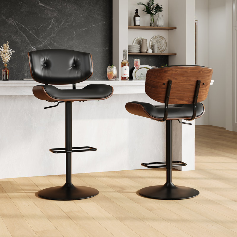 George Oliver Swivel Modern PU Leather Adjustable Height Bar Stools with Back,Black, Black