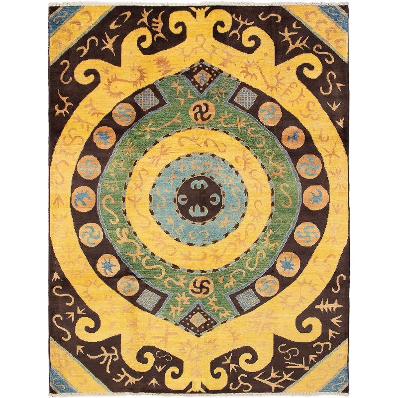 Tapis unique en laine noué à la main jaune et brun 9 pi 2 po x 11 pi 10 po style années 2010 Areia
