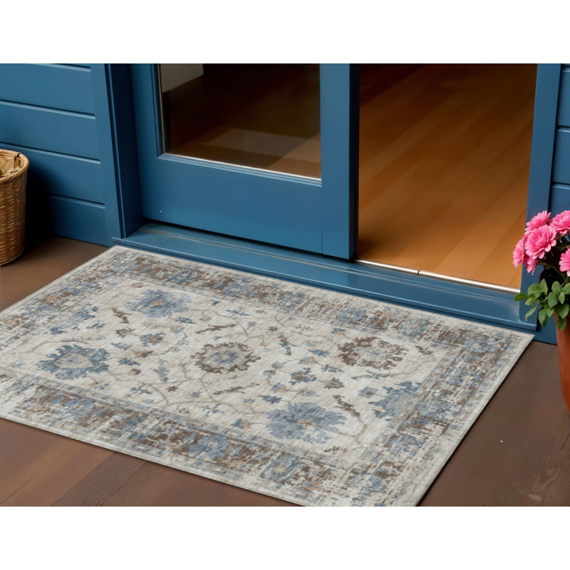 3' X 5' Beige And Blue Floral Washable Indoor Outdoor Area Rug