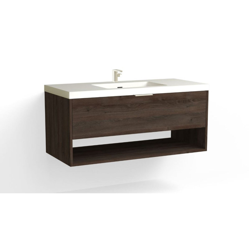 Modo 48" W Wall Mounted Single Bathroom Vanity, Glossy White/8" Widespread, Polished Nickel, Nocino