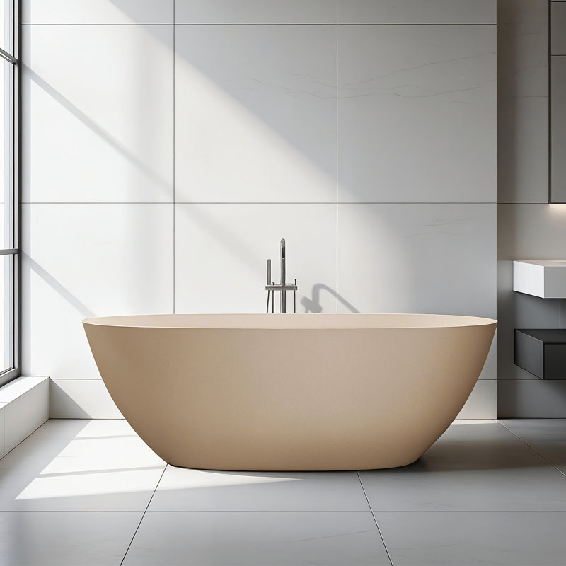 Baignoire autoportante moderne de 61 po à surface solide, baignoire de luxe en résine de couleur brun café mat, conception de trempage profond ergonomique 