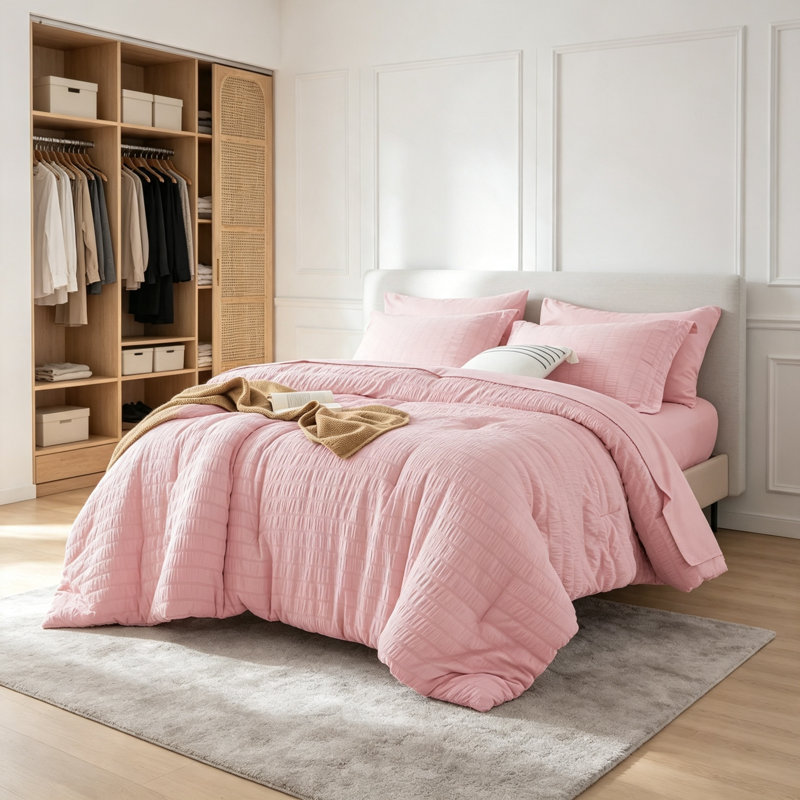 Ensemble de couette rose 5 pièces en seersucker pour lit simple XL