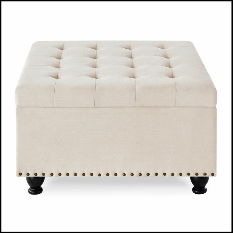 Large Square Storage Ottoman With Wooden Legs, Button Tufted Upholstered Coffee Table For Living Space - Thumbnail 2
