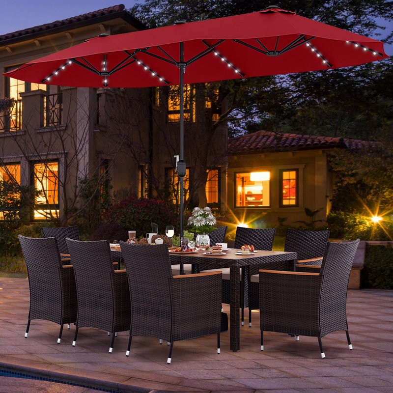 11 Pcs Patio Dining Table Chair Set With Umbrella And Base, Brown, Red