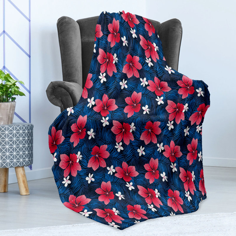 Ambesonne Fleece Throw Blanket Tiny Little Hearts, Blue/Red Floral, 50" W x 60" L