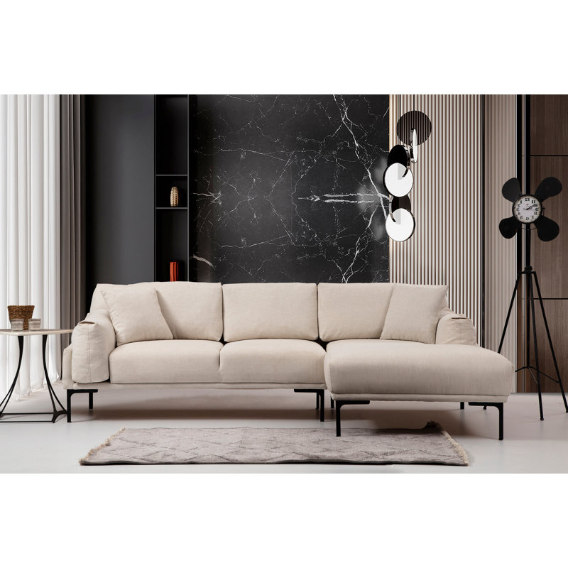 Upholstered L-Shaped Sectional, Right Hand Facing, Cream 100% Polyester