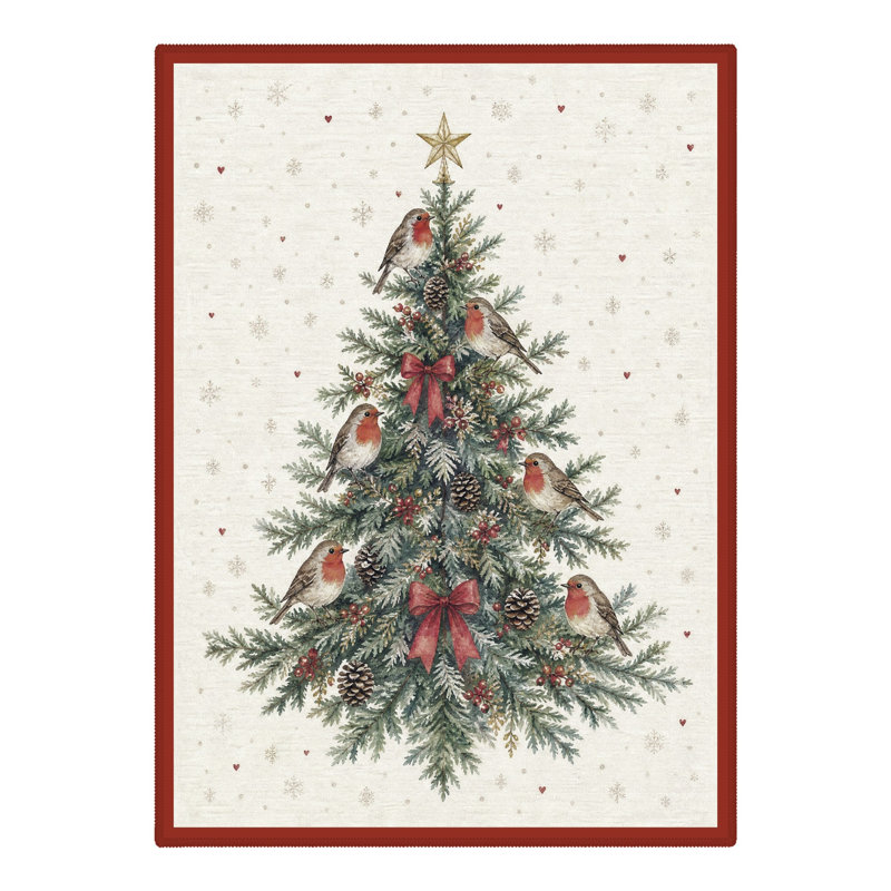 Tapis lavable à poils courts ivoire / vert Winter Birds & Pinecones, Rectangle 4 pi x 6 pi