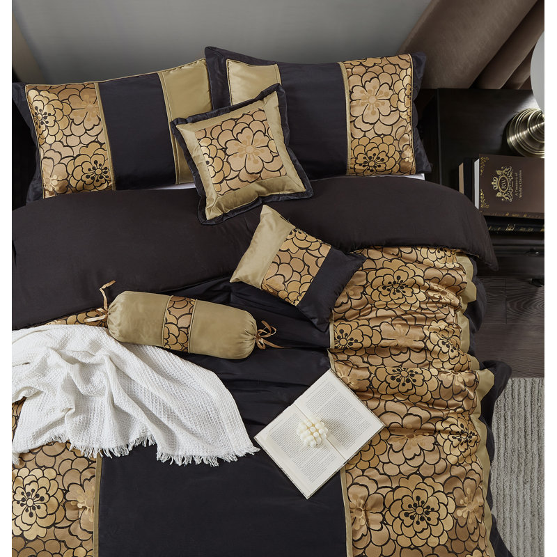 Ensemble d'édredon en jacquard floral 9 pièces Sibyl, rideaux assortis, Très grand lit