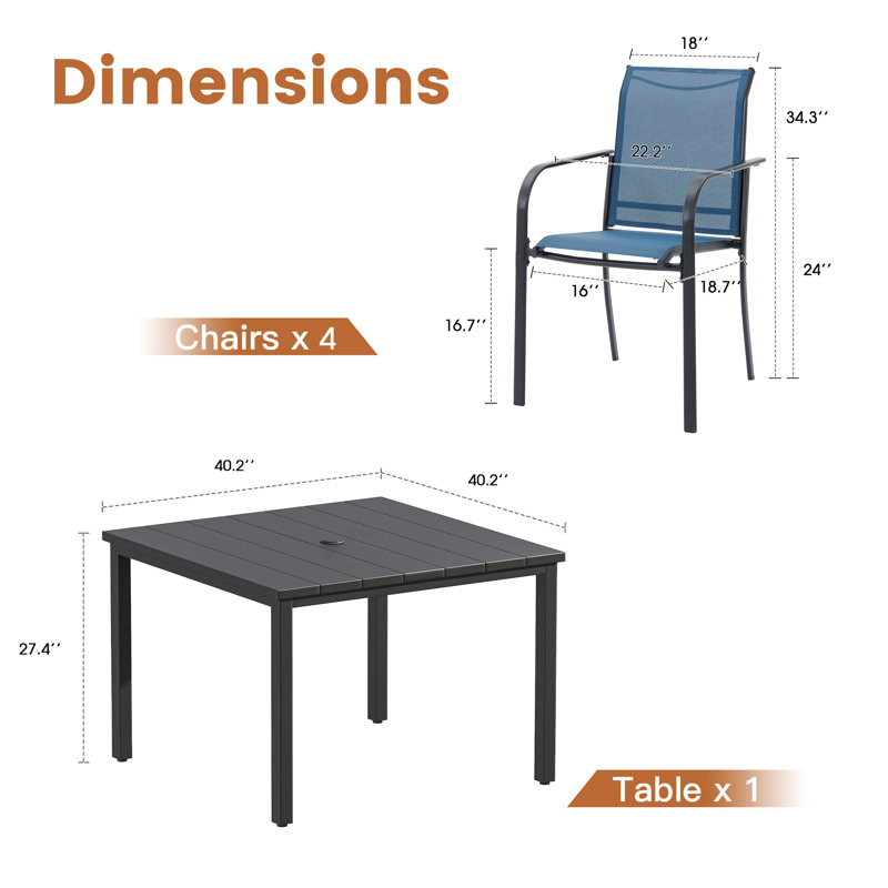Ensemble de salle à manger d'extérieur carré pour 4 personnes 37,8 po L Wasil, Noir / Bleu