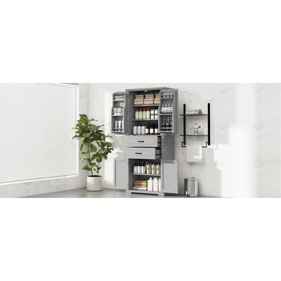 [Video] Storage Cabinet With Multi-Functional Storage Space, Doors With Storage Shelves, 2 Drawers, Adjustable Shelf, Gray