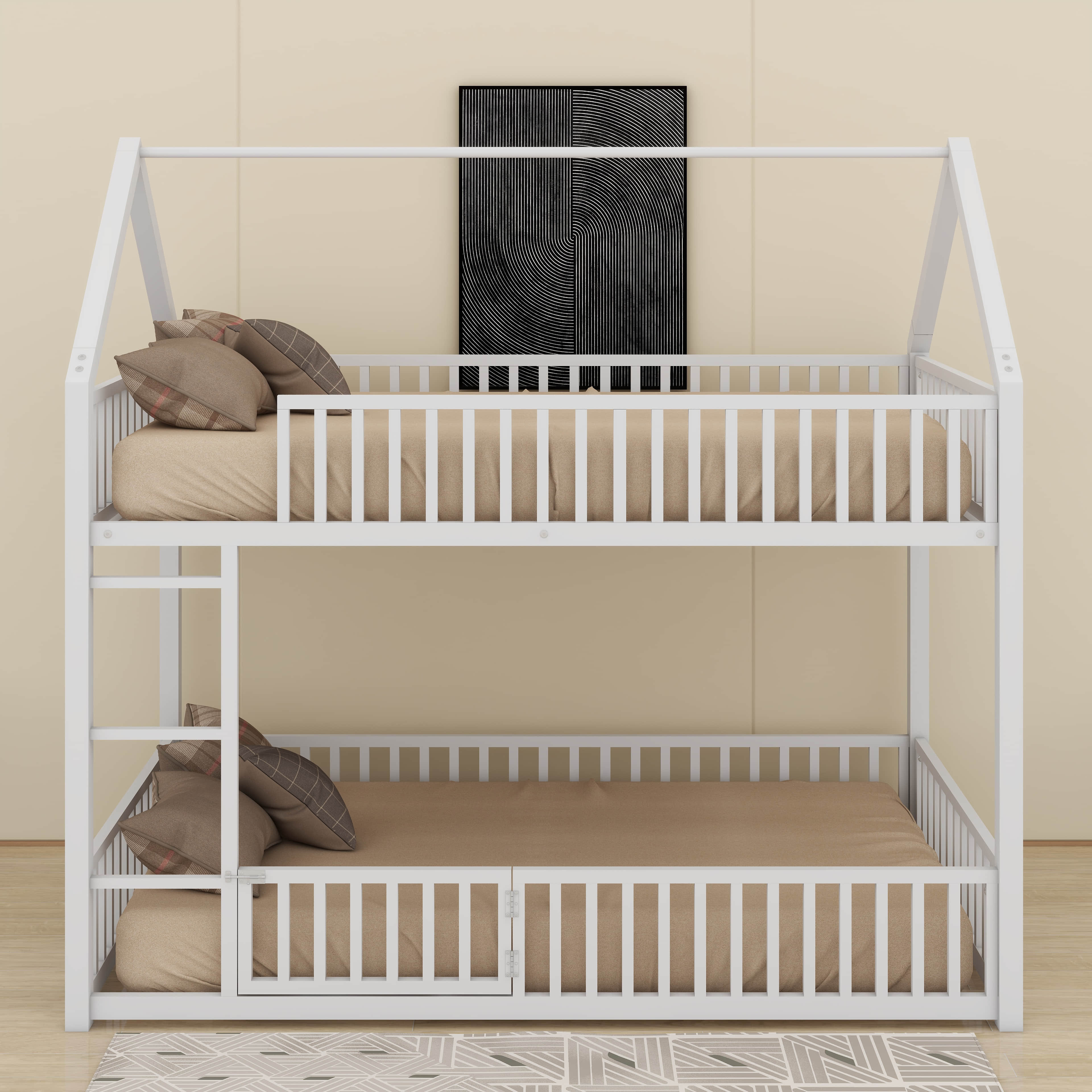 Harper Orchard Metal Twin Over Twin House Bunk Bed With Door And Fence ...