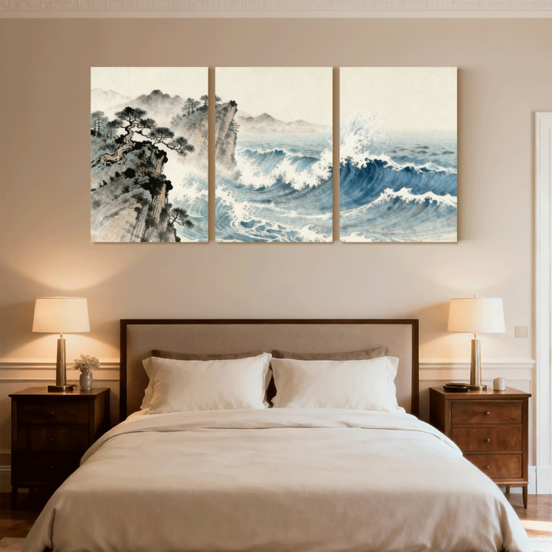 Nautique et plage, pin de montagne, vagues, brume océanique, ensemble de 3 impressions sur toile, H 18 po x l 36 po