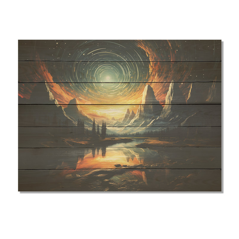 Yellow Mountain Moon Galatic II - Forêt et rivière sur bois, H 24 po x l 32 po