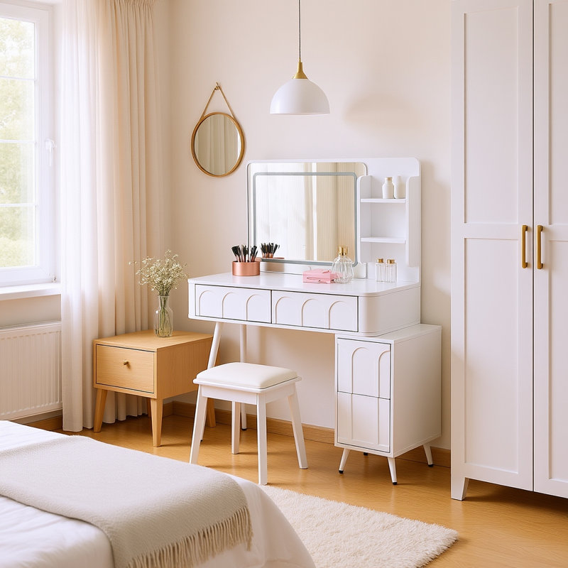 Ensemble de coiffeuse moderne avec tabouret, lumières DEL et miroir, 4 tiroirs, panneaux ondulés uniques et tablettes ouvertes