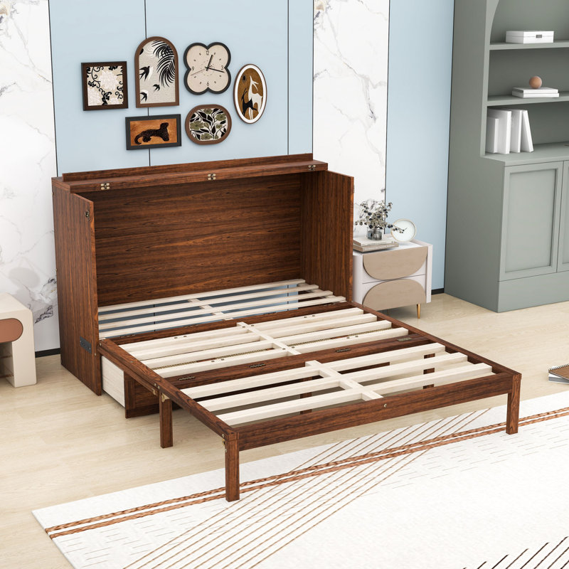 Queen 1 Drawer Wood Murphy Bed with Charging Station, Noyer