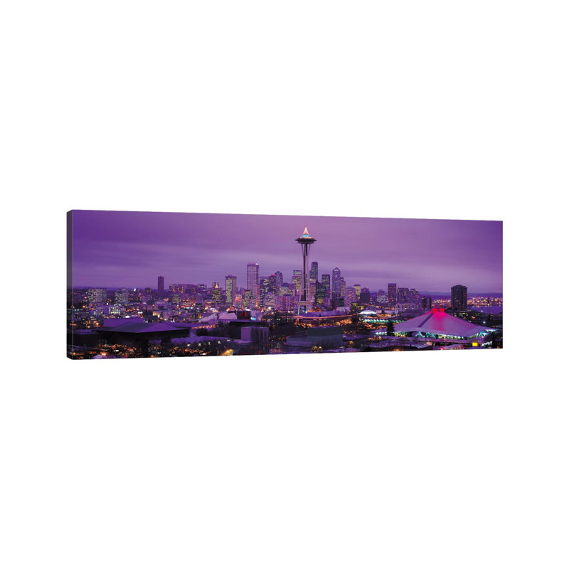 Seattle Panoramic Skyline Cityscape (Evening) - Wrapped Canvas Panoramic Print