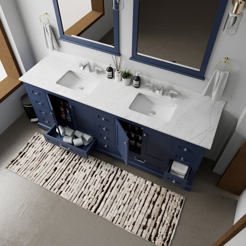 Ensemble de meuble-lavabo double avec plateau en marbre de Carrare et robinet, Marine