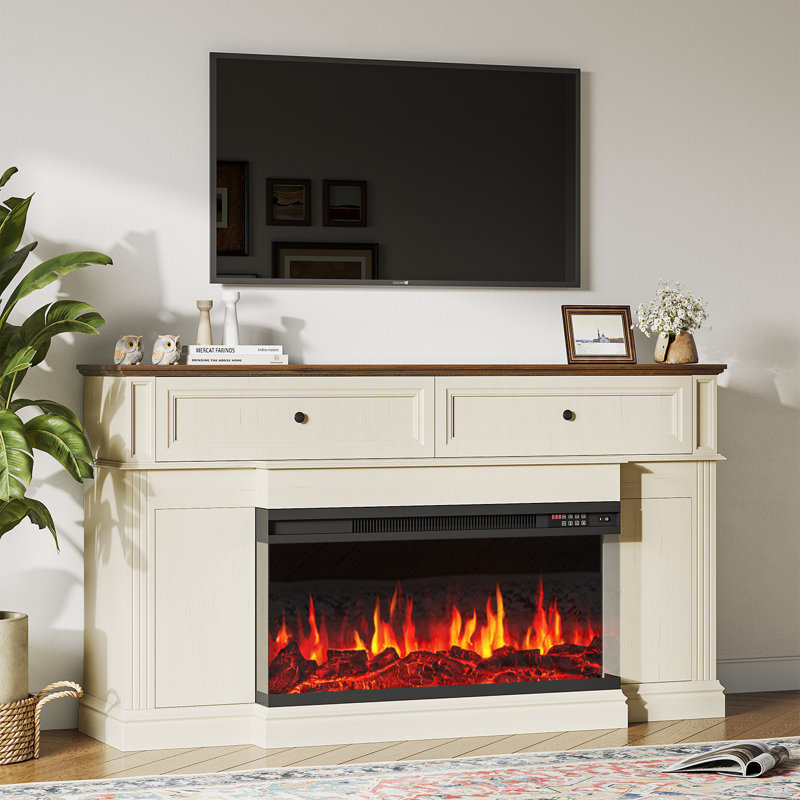63" TV Stand with Electric Fireplace for TVs up to 70 Inch, Media Entertainment Center with Cable Management, Adjustable Shelves & Hidden Storage Doors