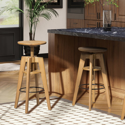 Spencer Minimalist Oak Wood Adjustable Bar Counter Stool, Natural Brown Oak Wood