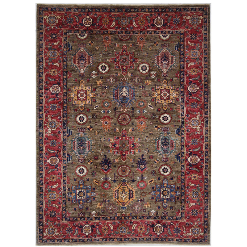 Tapis brun et rouge de haute qualité noué à la main