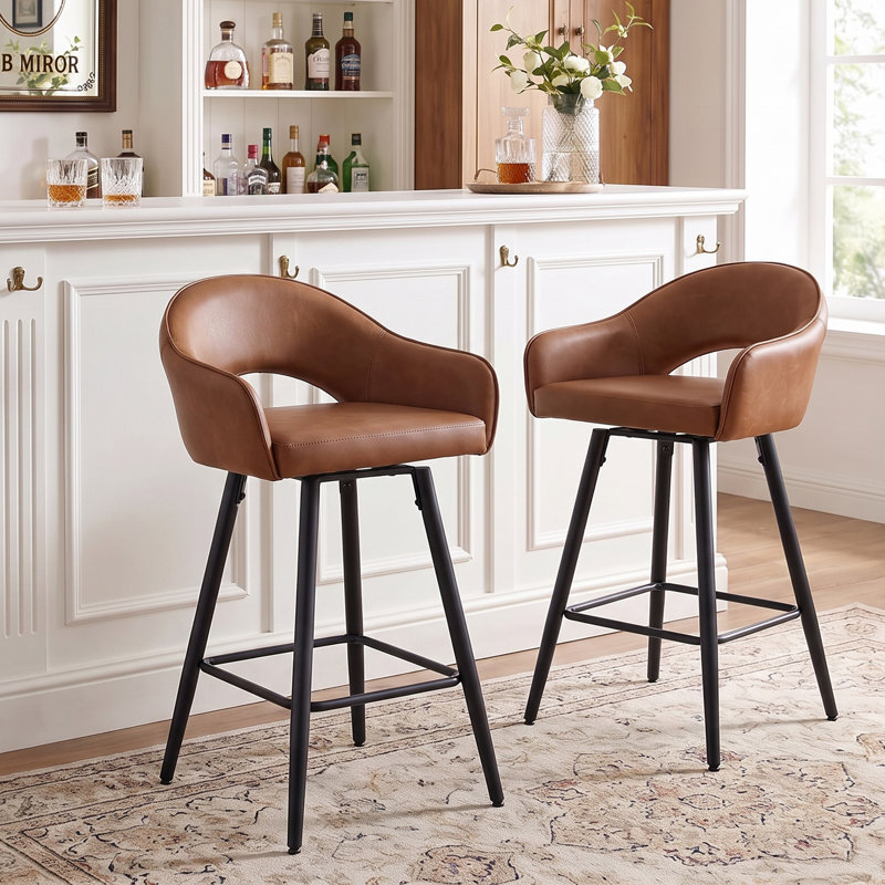 360°Swivel Upholstered Bar Stools with Iron Frame, Fax Leather-Brown